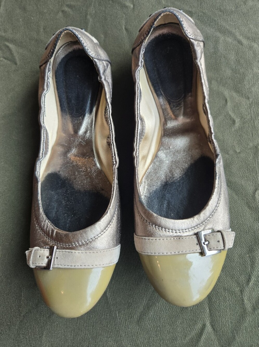 Authentic Tod's Metallic Taupe Ballet Flats with Buckle Detail